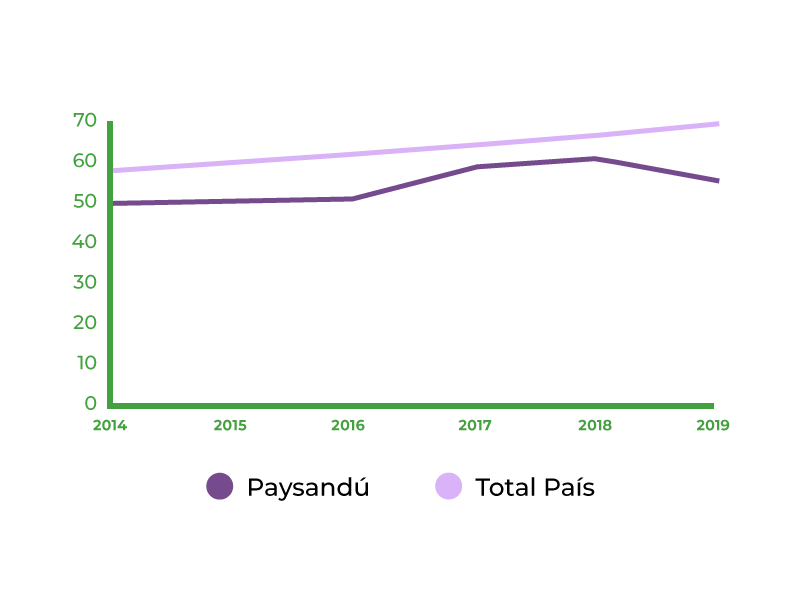 Porcentaje de hogares con conexión a internet 2013 - 2019 - Paysandú